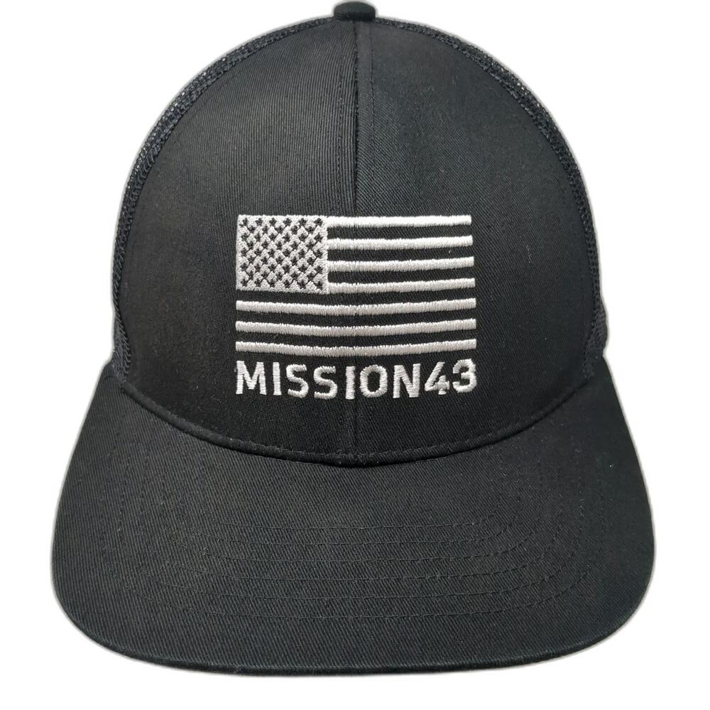 Mission43 Trucker Hat Black One Size American Flag Mesh Back Snapback Logo Learn